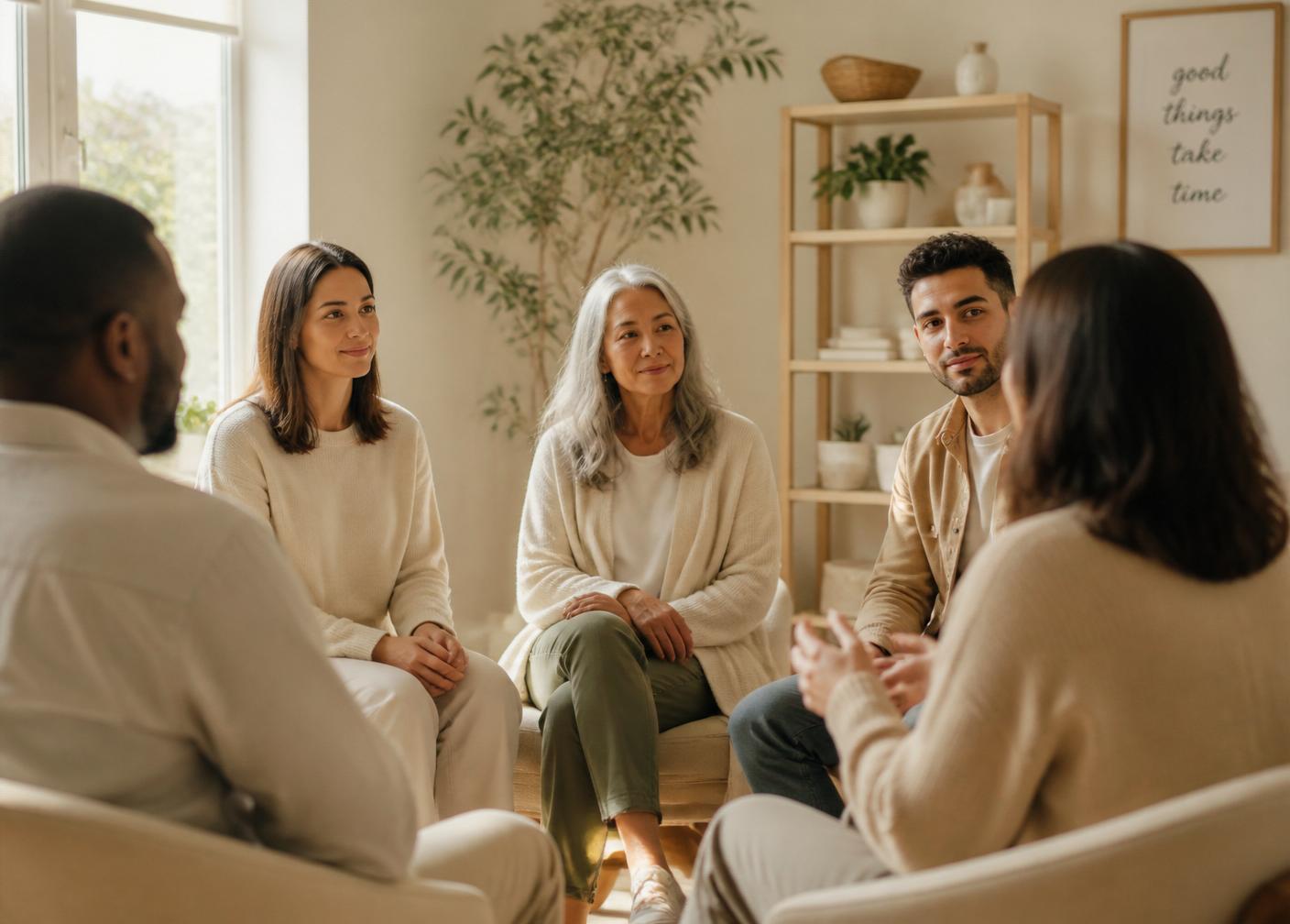 Peaceful supportive community sitting together