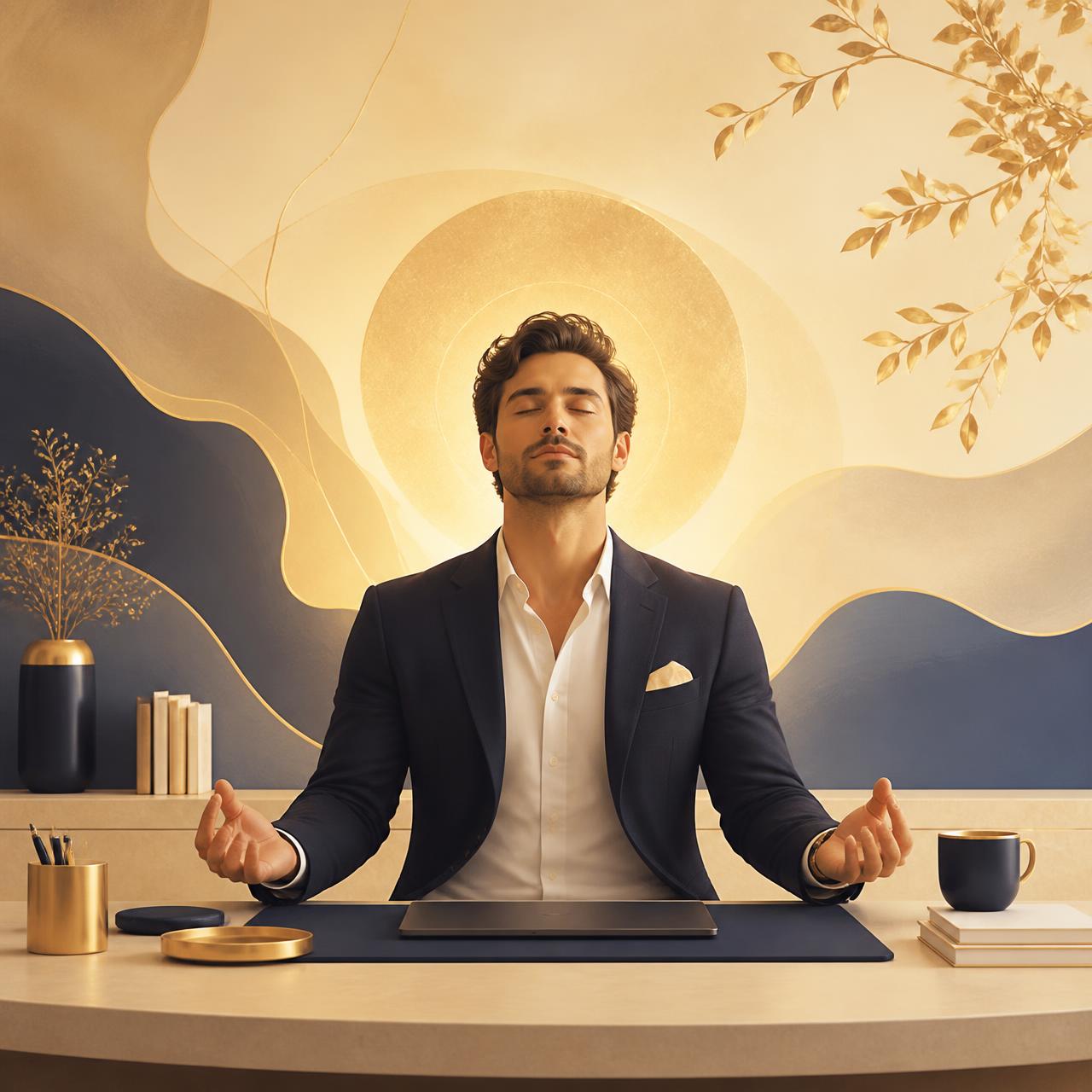 Calm professional meditating with soft golden light